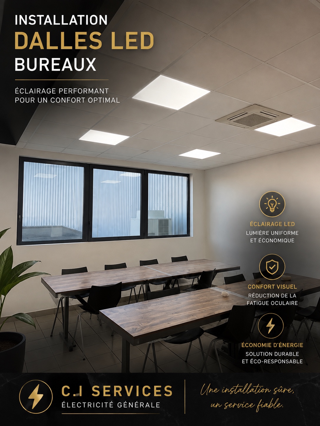 Installation de dalles LED dans des bureaux par C.I Services
